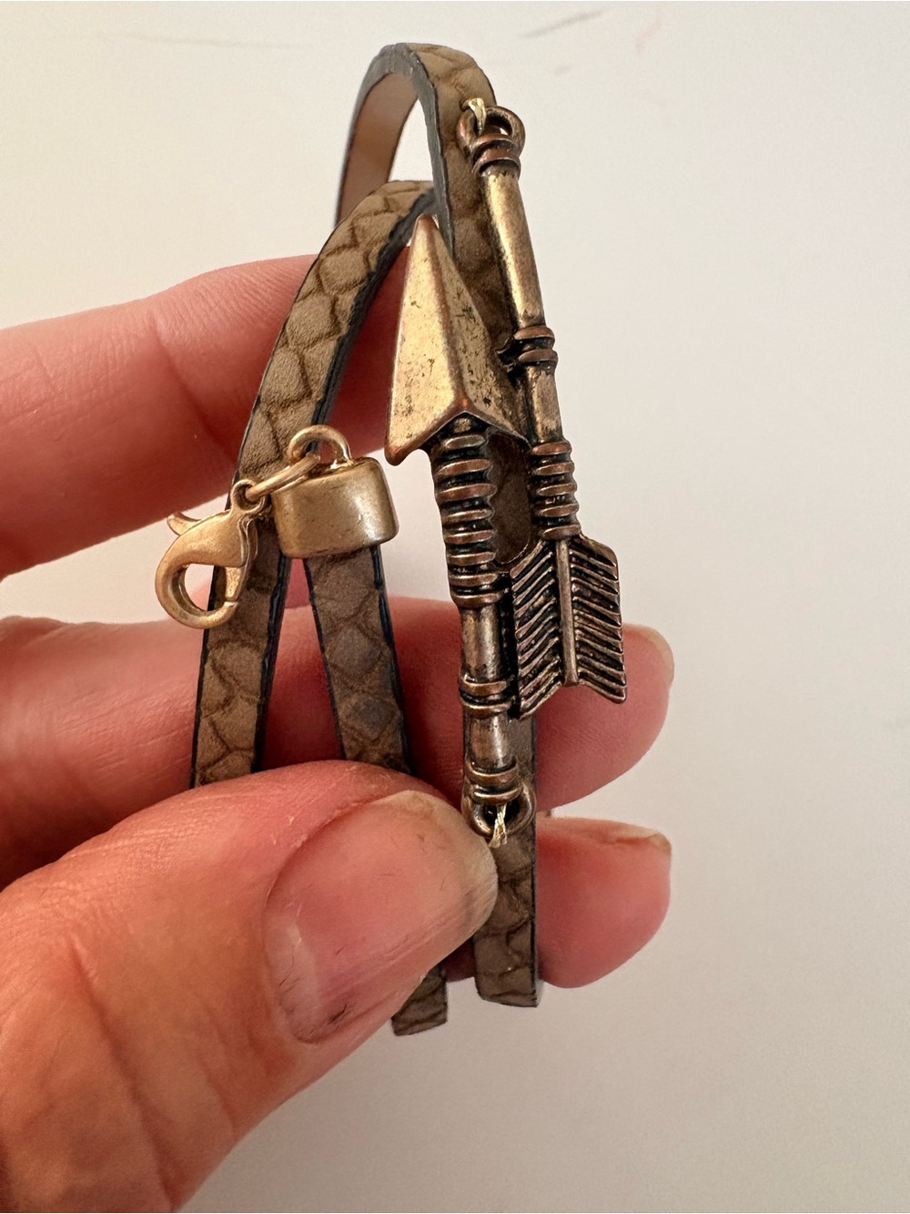 Cool Taupe Braided Leather Arrow Wrap Bracelet